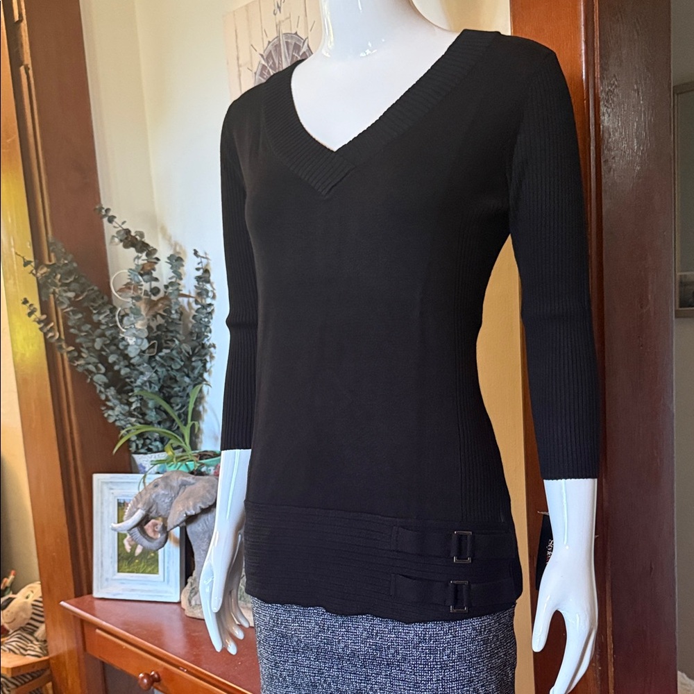 NWT Style&Co size small Black V-Neck Sweater with Buckle Detail